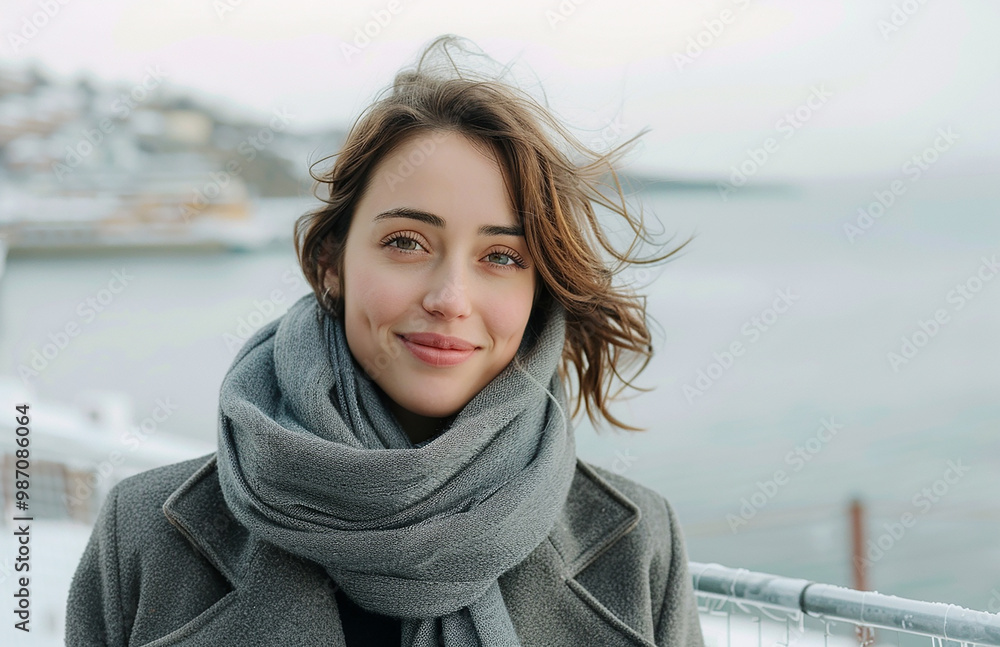 A woman smiling at the camera on a winter day on a light background A woman smiling at the camera on a winter day on a light background