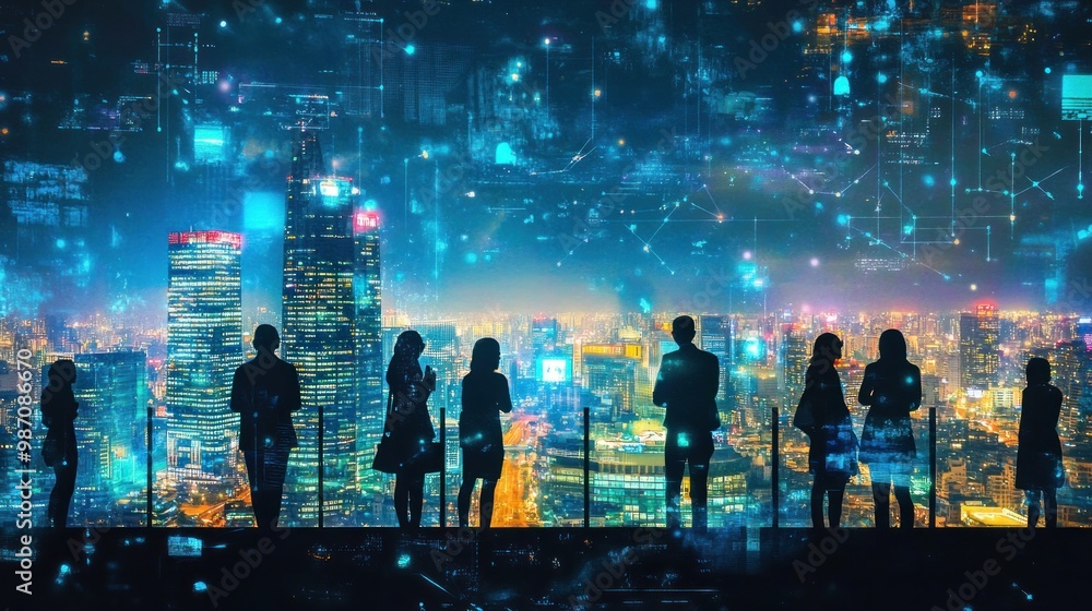 Fototapeta premium Silhouettes of People Overlooking a Futuristic Cityscape