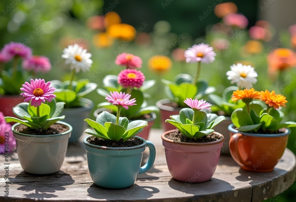 Fototapeta premium Repurposed Cups as Spring Garden Planters for Flowers DIY Upcycled Flowerpots