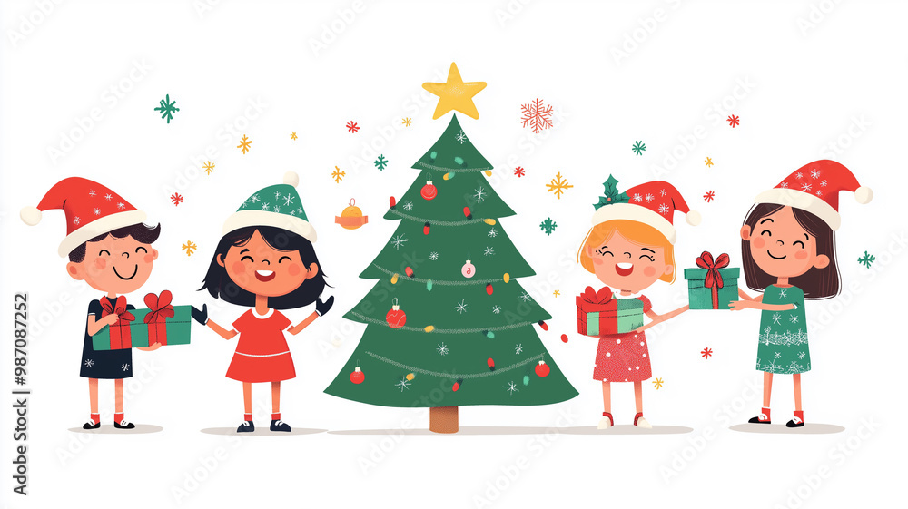 Children of different races, wearing Christmas hats and holding gifts around the green Christmas tree, flat design illustration, white background, minimalism, simple lines, cute style. Children around Children of different races, wearing Christmas hats and holding gifts around the green Christmas tree, flat design illustration, white background, minimalism, simple lines, cute style. Children around