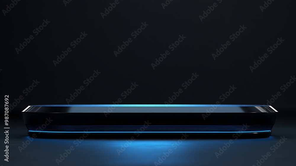 A black platform with a blue neon light at the bottom, set against a dark background. A black platform with a blue neon light at the bottom, set against a dark background.