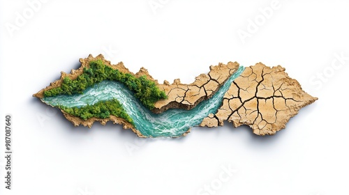 Contrast of Life and Barrenness: River Transforming Arid Landscape in Watercolor Illustration with Copy Space