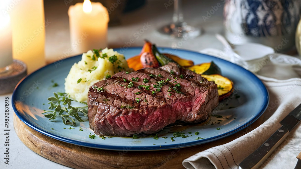 A plate of perfectly grilled, juicy medium rare premium Wagyu beef steak served with mashed potatoes and herbs, set in a soft, elegant restaurant ambiance for an upscale dining experience. A plate of perfectly grilled, juicy medium rare premium Wagyu beef steak served with mashed potatoes and herbs, set in a soft, elegant restaurant ambiance for an upscale dining experience.