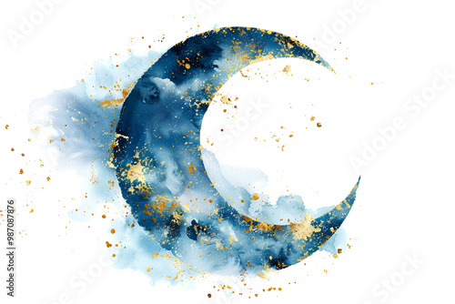 Watercolor blue crescent moon with gold glitter on a white background, An Islamic abstract design depicting a night sky. Blue and beige colors. A brush painting with paint splashes and drips 