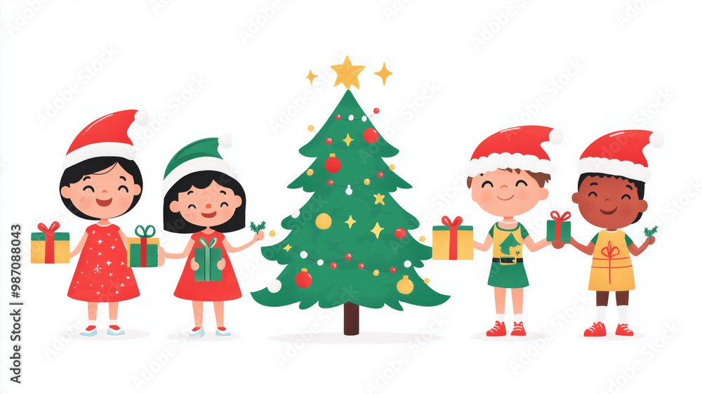 Children of different races, wearing Christmas hats and holding gifts around the green Christmas tree, flat design illustration, white background, minimalism, simple lines, cute style. Children around Children of different races, wearing Christmas hats and holding gifts around the green Christmas tree, flat design illustration, white background, minimalism, simple lines, cute style. Children around