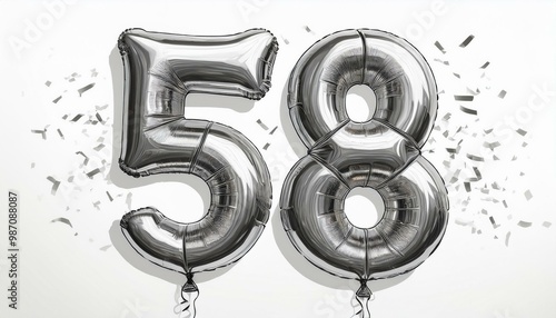 Silver birthday / anniversary balloon, number 58, white background with confetti photo