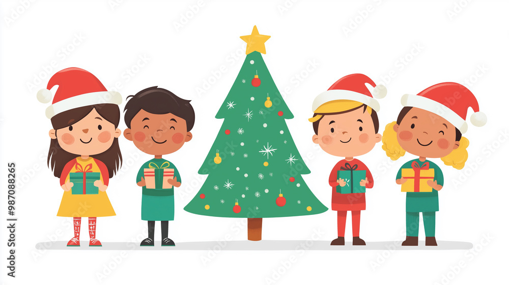 Children of different races, wearing Christmas hats and holding gifts around the green Christmas tree, flat design illustration, white background, minimalism, simple lines, cute style. Children around Children of different races, wearing Christmas hats and holding gifts around the green Christmas tree, flat design illustration, white background, minimalism, simple lines, cute style. Children around