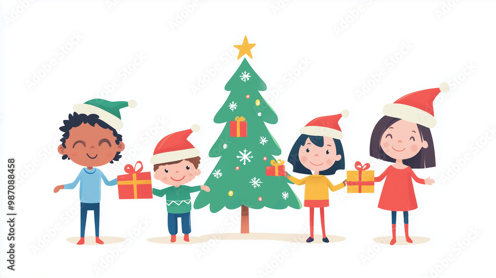 Children of different races, wearing Christmas hats and holding gifts around the green Christmas tree, flat design illustration, white background, minimalism, simple lines, cute style. Children around Children of different races, wearing Christmas hats and holding gifts around the green Christmas tree, flat design illustration, white background, minimalism, simple lines, cute style. Children around
