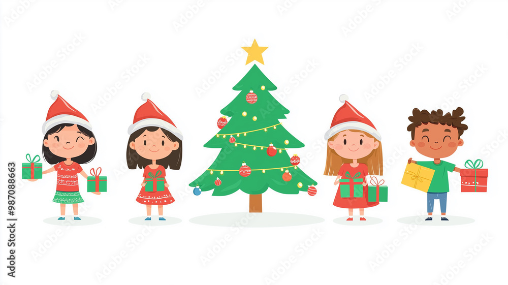 Children of different races, wearing Christmas hats and holding gifts around the green Christmas tree, flat design illustration, white background, minimalism, simple lines, cute style. Children around Children of different races, wearing Christmas hats and holding gifts around the green Christmas tree, flat design illustration, white background, minimalism, simple lines, cute style. Children around