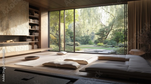 Zen-inspired minimalist living space with natural materials, overlooking a tranquil garden. Featuring low furniture, a stone fireplace, and meditation elements. Morning light highlights. 