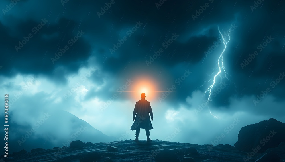 Solitary Figure Standing on a Rocky Ridge During a Stormy Night Solitary Figure Standing on a Rocky Ridge During a Stormy Night