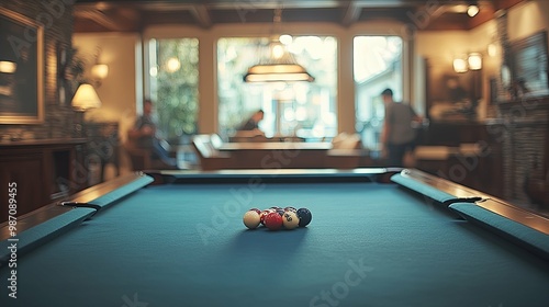 Pool table with racked billiard balls in a game room