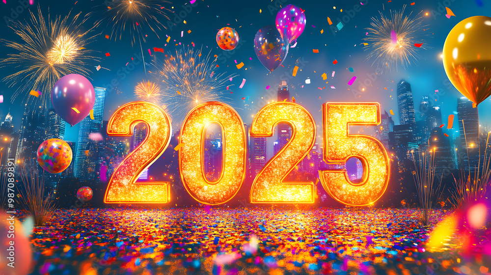 New Year Eve party 2025 celebration 3D letter countdown night sky, confetti, sparkling lights. Crowded people group celebrate Holiday festival city balloons New Year Eve party 2025 celebration 3D letter countdown night sky, confetti, sparkling lights. Crowded people group celebrate Holiday festival city balloons