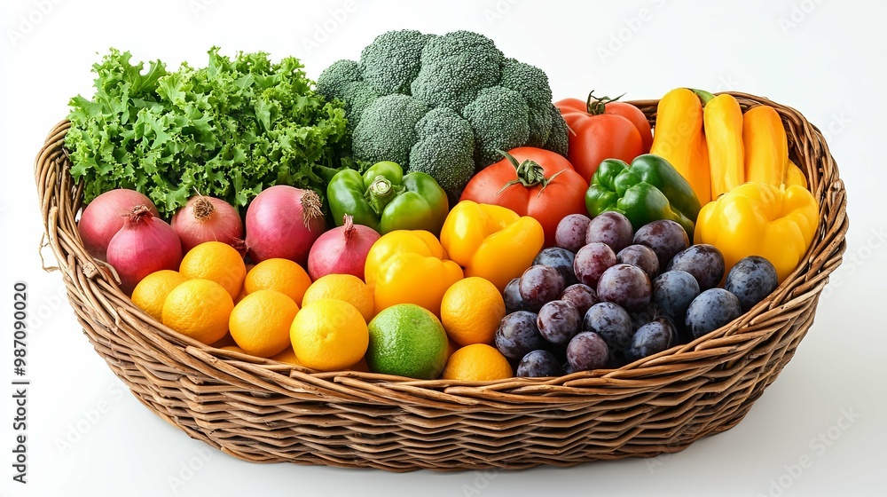 A Wicker Basket Overflowing with Fresh Produce A Wicker Basket Overflowing with Fresh Produce
