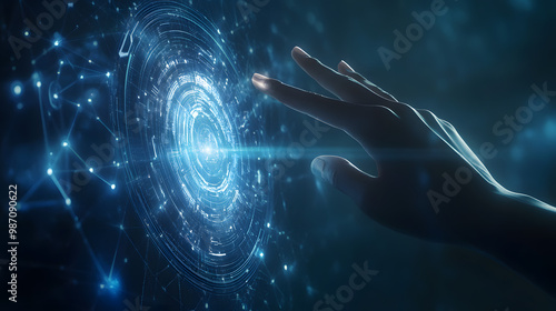futuristic digital interaction human hand technology AI holographic interface internet connection network advanced virtual reality cybernetic modern artificial intelligence
