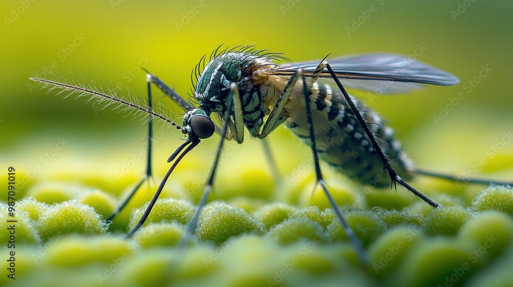 A close-up of a mosquito perched on a green leaf. A close-up of a mosquito perched on a green leaf.