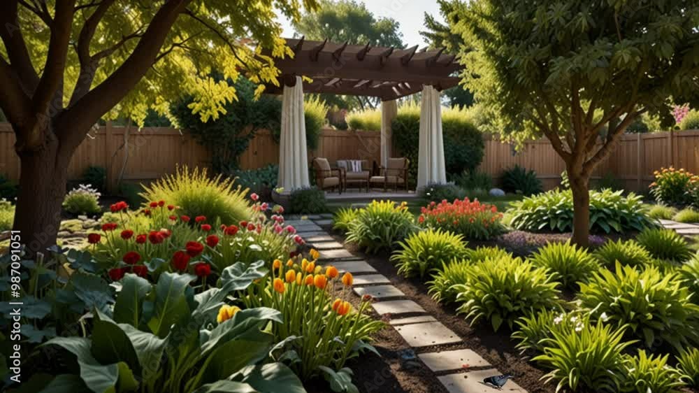 garden in the yard of the house with various kinds of colorful plants and flowers as well as several animals garden in the yard of the house with various kinds of colorful plants and flowers as well as several animals