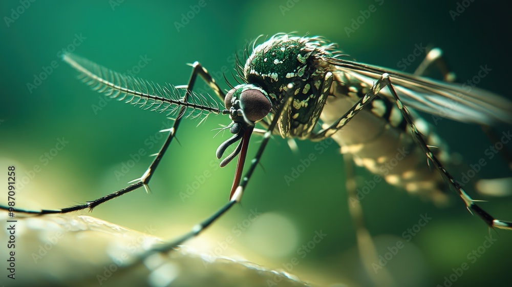 Fototapeta premium A close-up of a mosquito with its proboscis extended, ready to feed.