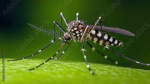 Close-up of a mosquito with black and white stripes on its legs and body, perched on a green leaf.