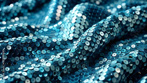 Shimmering blue sequin fabric with wavy texture and light reflections for elegant evening wear