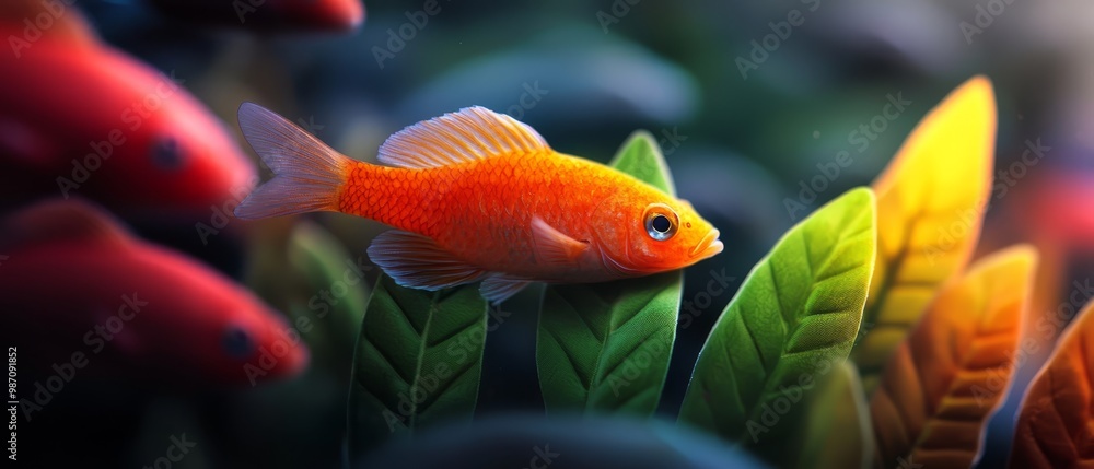 A tight shot of a golden fish swimming near the foreground of its aquarium, adorned with plants and rocks Another goldfish resides in the backdrop A tight shot of a golden fish swimming near the foreground of its aquarium, adorned with plants and rocks Another goldfish resides in the backdrop
