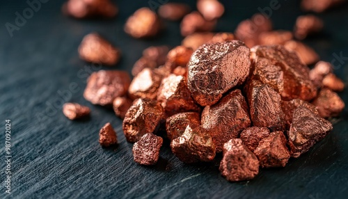 Close-up of Raw Copper Ore Nuggets Shimmering in Natural Light, Showcasing Metallic Luster and Rough Texture, Against a Dark, Contrasting Stone Background photo