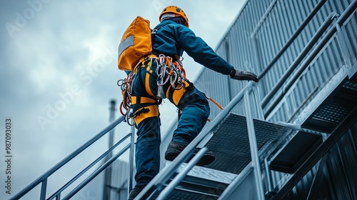 Industrial Worker Ascending Metal Staircase with Safety Gear