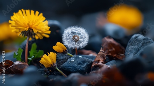  A dandelion atop rocks, yellow companions nearby photo