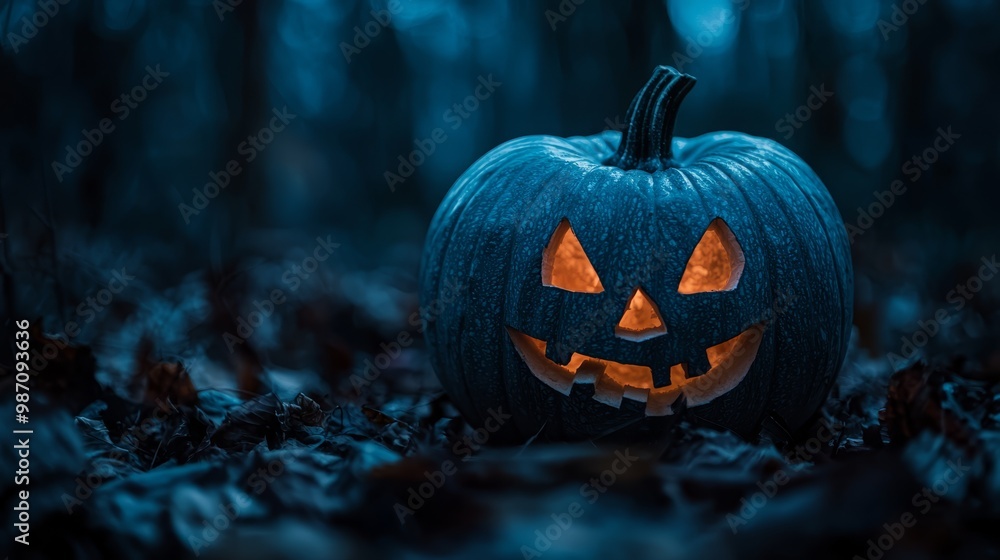 A jack-o-lantern pumpkin glows in the dark, surrounded by falling autumn leaves in a wooded area A jack-o-lantern pumpkin glows in the dark, surrounded by falling autumn leaves in a wooded area