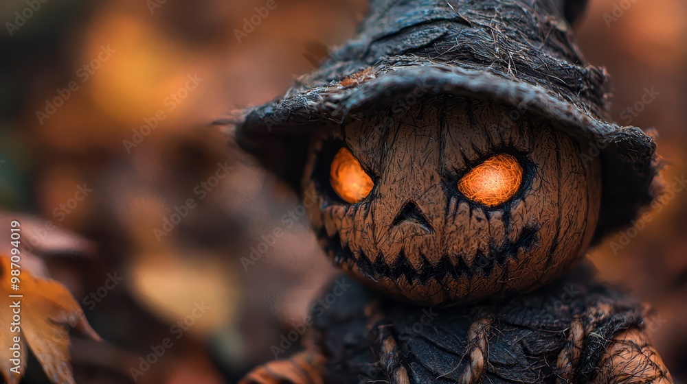 A close-up of a scarecrow figurine donning a witches hat, with glowing orange eyes A close-up of a scarecrow figurine donning a witches hat, with glowing orange eyes