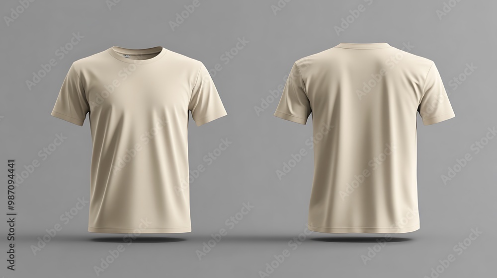 A plain beige t-shirt displayed from the front and back against a neutral gray background, highlighting its simple design. A plain beige t-shirt displayed from the front and back against a neutral gray background, highlighting its simple design.