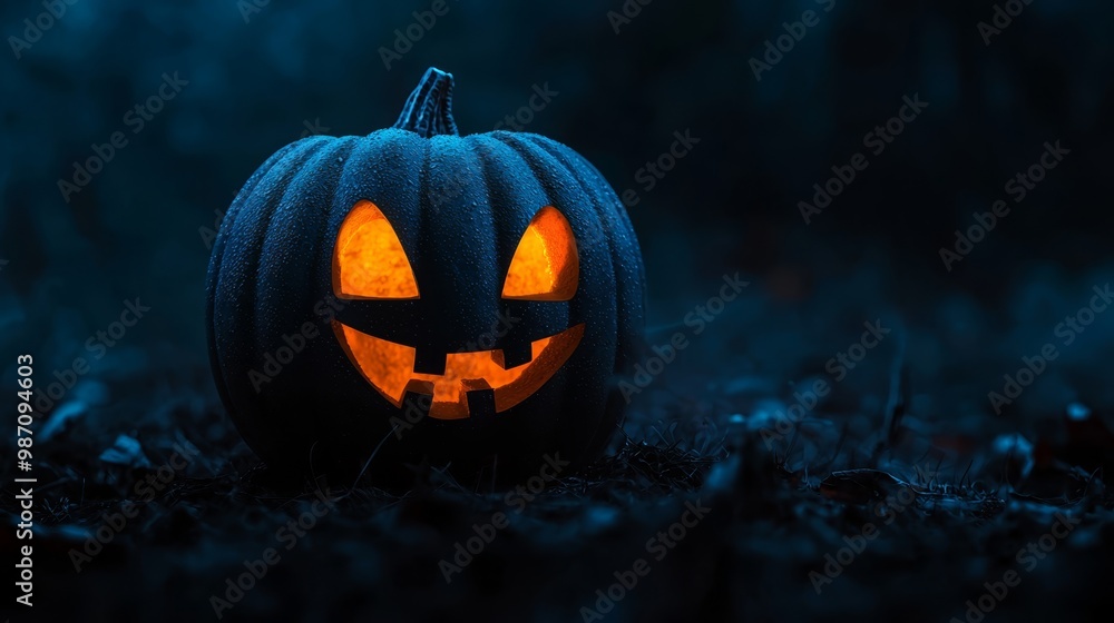 A jack-o-lantern pumpkin illuminates the dark with its glowing, carved face A jack-o-lantern pumpkin illuminates the dark with its glowing, carved face