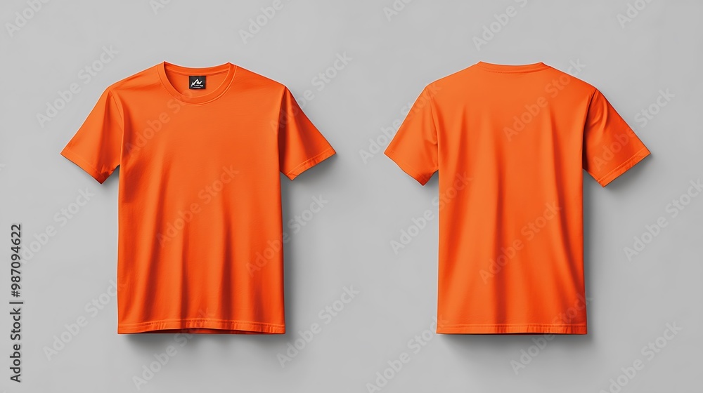 A vibrant orange T-shirt displayed from the front and back against a gray background. A vibrant orange T-shirt displayed from the front and back against a gray background.