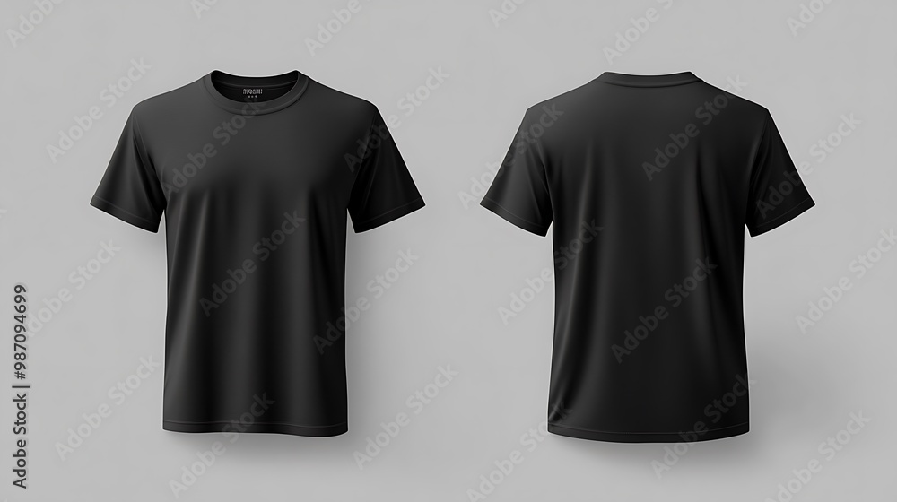 A simple black t-shirt displayed from the front and back, featuring a classic design on a neutral gray background. A simple black t-shirt displayed from the front and back, featuring a classic design on a neutral gray background.