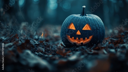  A jack-o-lantern pumpkin sits in the forest's heart, surrounded by autumn leaves