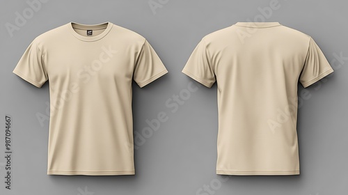 A plain beige t-shirt displayed from the front and back against a grey background. photo