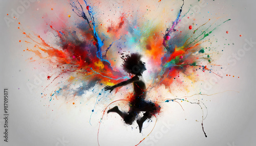 A vibrant depiction of a child jumping with colorful wings made of paint splashes. Represents innocence, joy, and boundless imagination photo