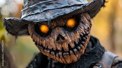  A tight shot of a scarecrow statue with glowing eyes and a hat atop its head photo