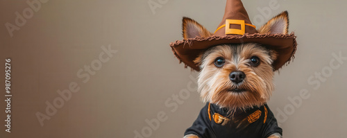 Yorkshire terrier dressed as a cowboy riding a tiny hobby horse, cowboy dog, westernthemed Halloween pet photo