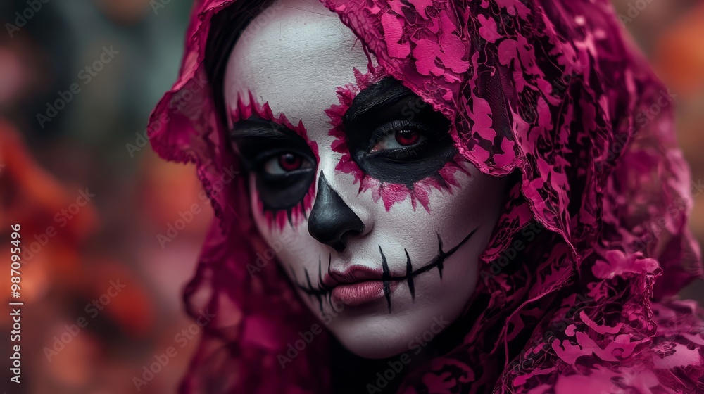 A tight shot of an individual donning a skull-adorned mask and a veiled headpiece A tight shot of an individual donning a skull-adorned mask and a veiled headpiece