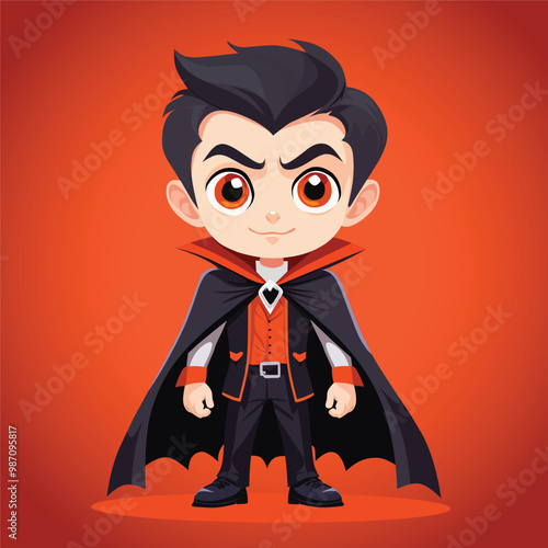 Gravis illustration of a cute Dracula boy character wearing a black orage robe on Halloween