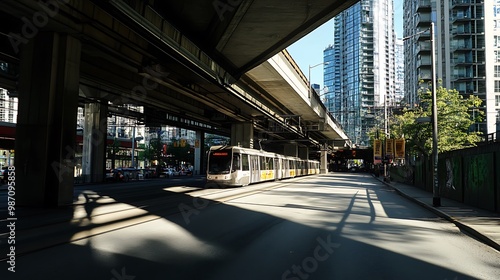 A view of a sky train from street level, with the elevated track casting a shadow over the road below