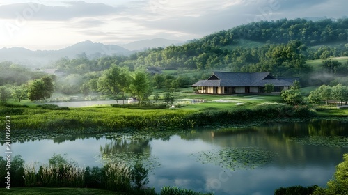 Serene Countryside Cottage Nestled by Tranquil Lake Reflecting Lush Green Foliage and Mountains