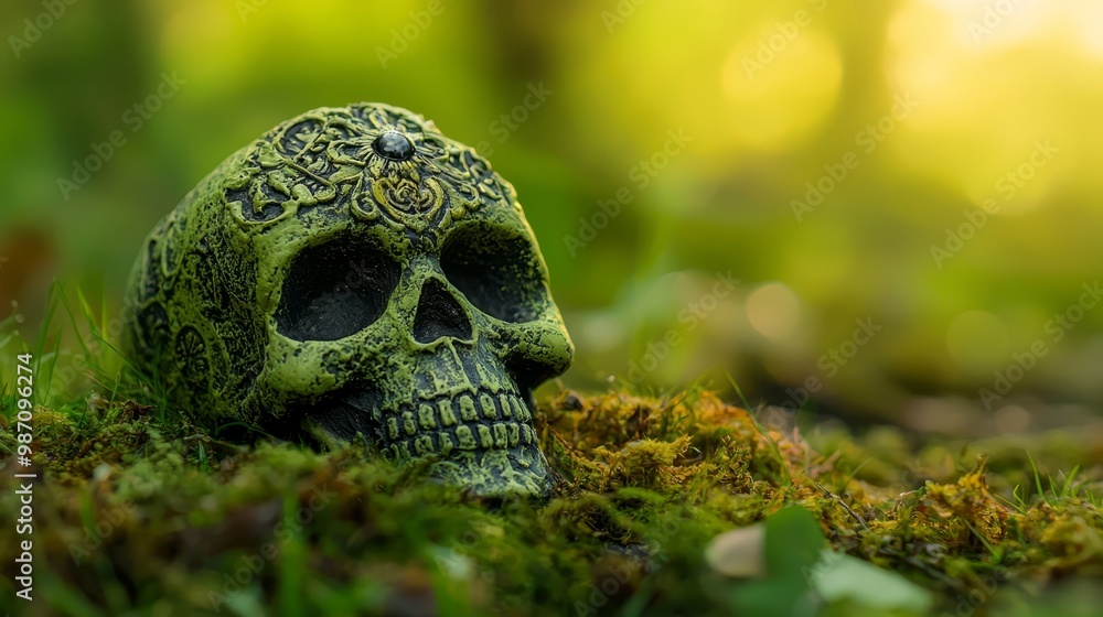 A green skull statue sits atop moss-covered ground, surrounded by forest – trees loom in the background A green skull statue sits atop moss-covered ground, surrounded by forest – trees loom in the background