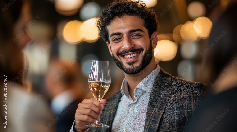 A confident Arab businessman making a toast during a networking event. A confident Arab businessman making a toast during a networking event.