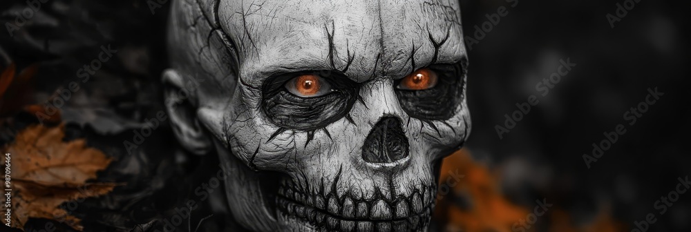 Close-up of a skull against a black backdrop, its eyes painted red; leaves beneath Close-up of a skull against a black backdrop, its eyes painted red; leaves beneath