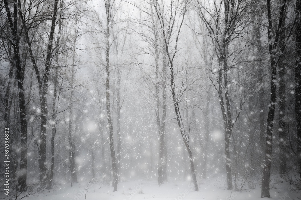 Obraz premium Mystical winter forest scene with falling snow and bare trees 