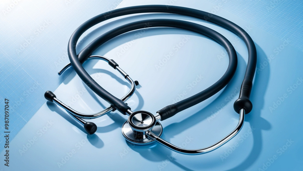 A stainless steel stethoscope lies diagonally across a sleek, blue-tinted laboratory background, generative ai A stainless steel stethoscope lies diagonally across a sleek, blue-tinted laboratory background, generative ai