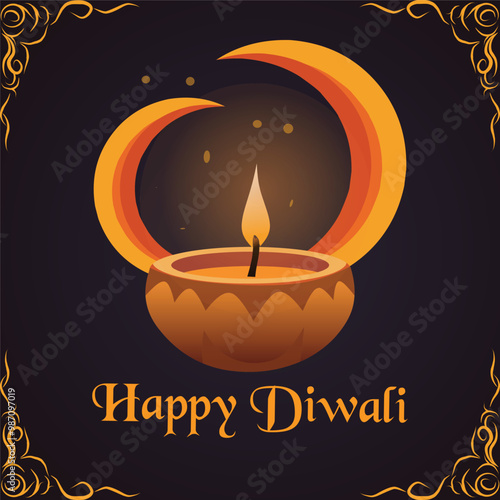 Happy Diwali background illustration with candles and a picture of a shining crescent moon