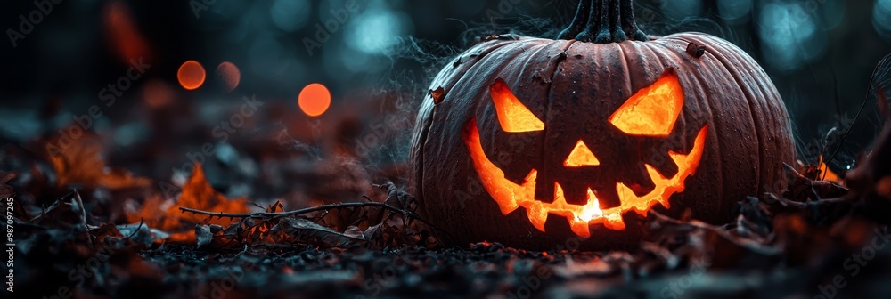 A jack-o-lantern carved from pumpkin sits centrally in a field, encircled by fallen leaves Lights glow faintly in the background A jack-o-lantern carved from pumpkin sits centrally in a field, encircled by fallen leaves Lights glow faintly in the background